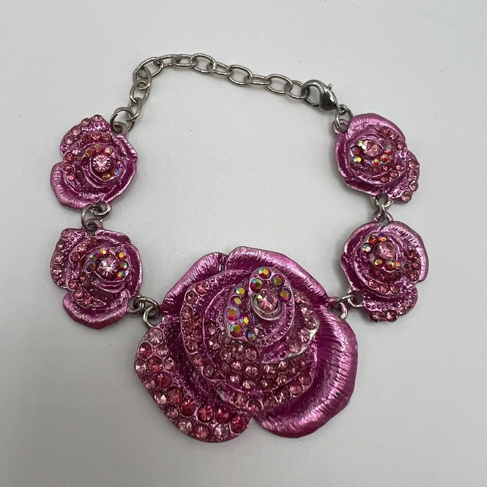 Pink Shimmery 3D Metal Flower Link Bracelet Y2K Coquette Boho Pink Metal